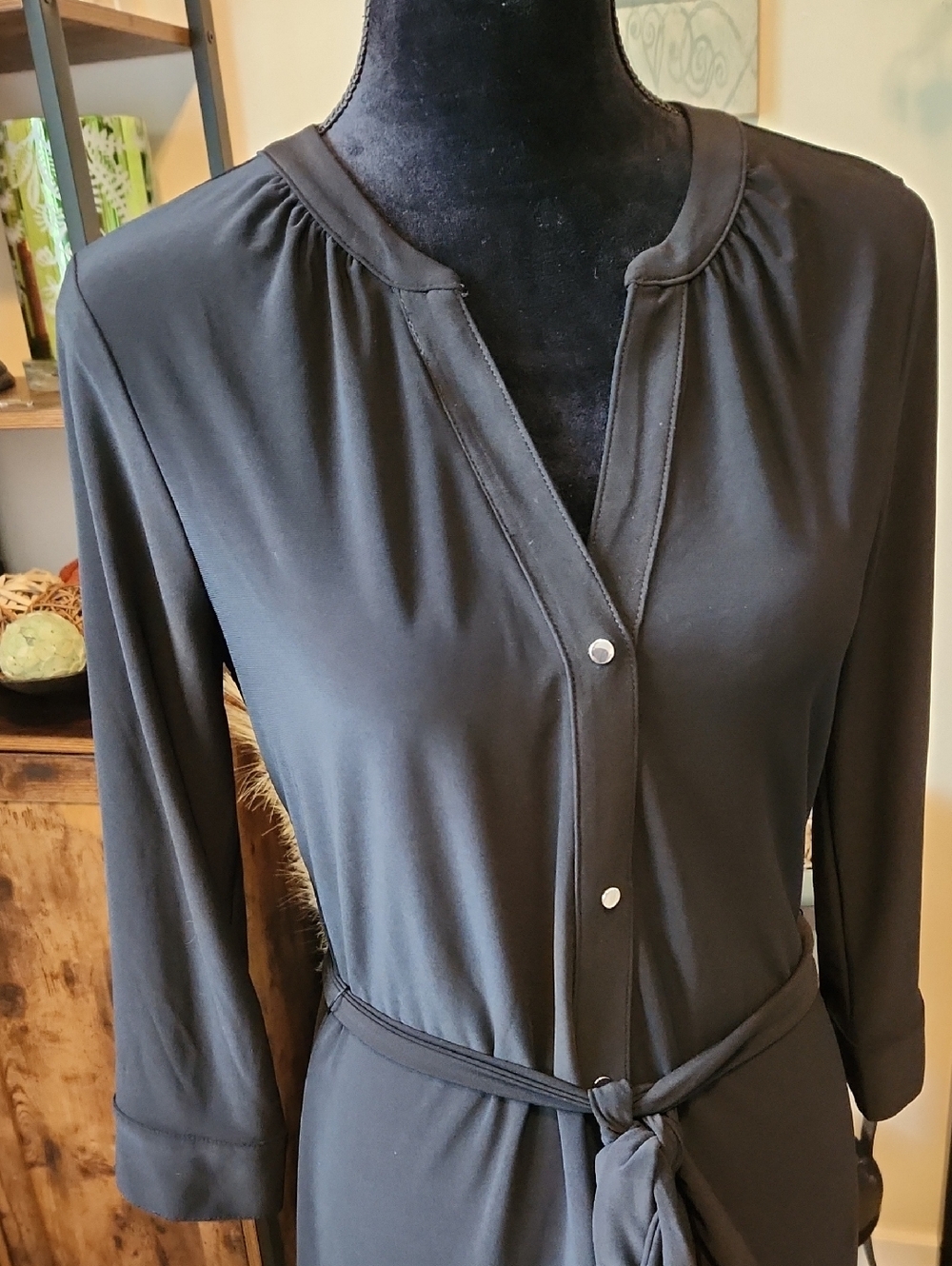 White House Black Market Black Poly/Spandex Snap Up Dress With Tie Size Medium - Picture 3 of 10